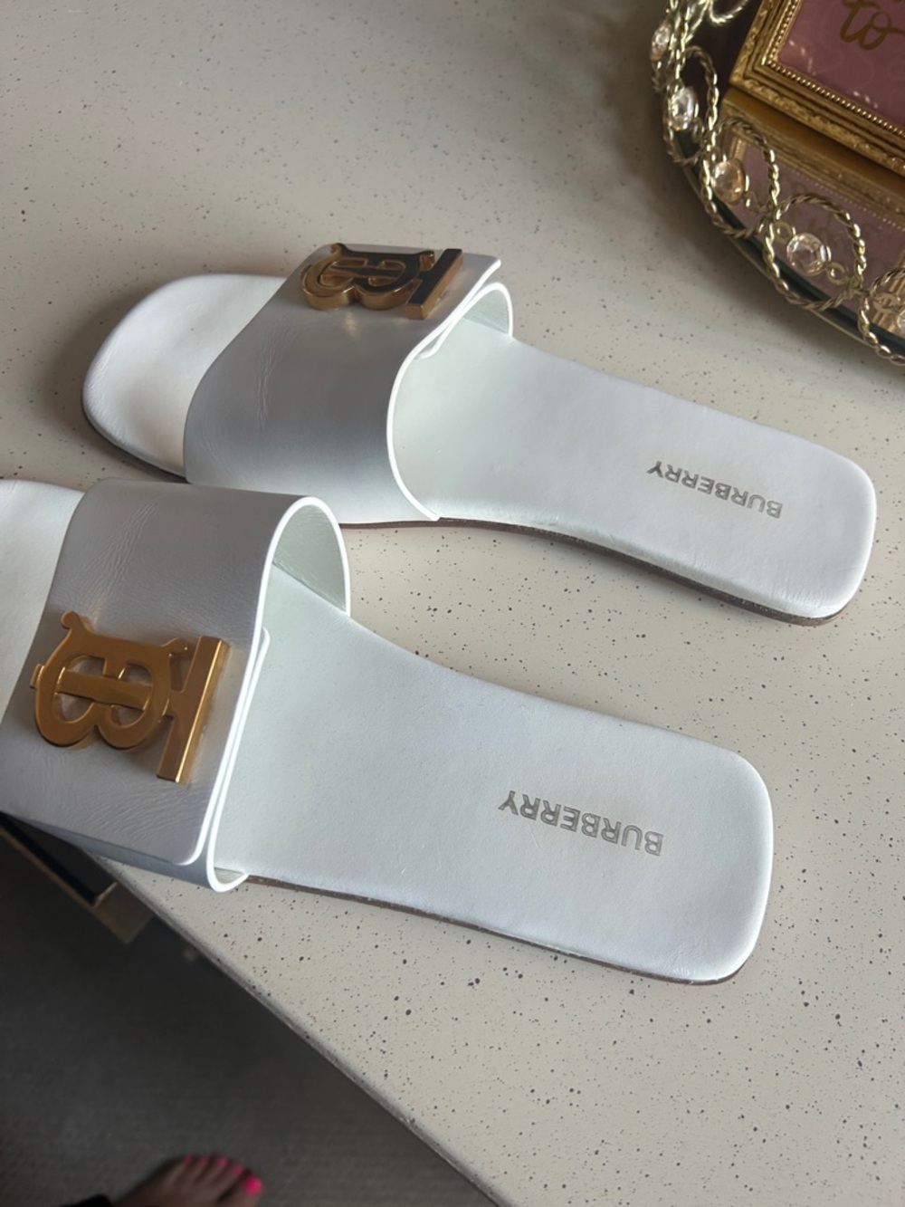 Burberry White Leather Slide with Gold TB Plaque - Picture 3 of 5